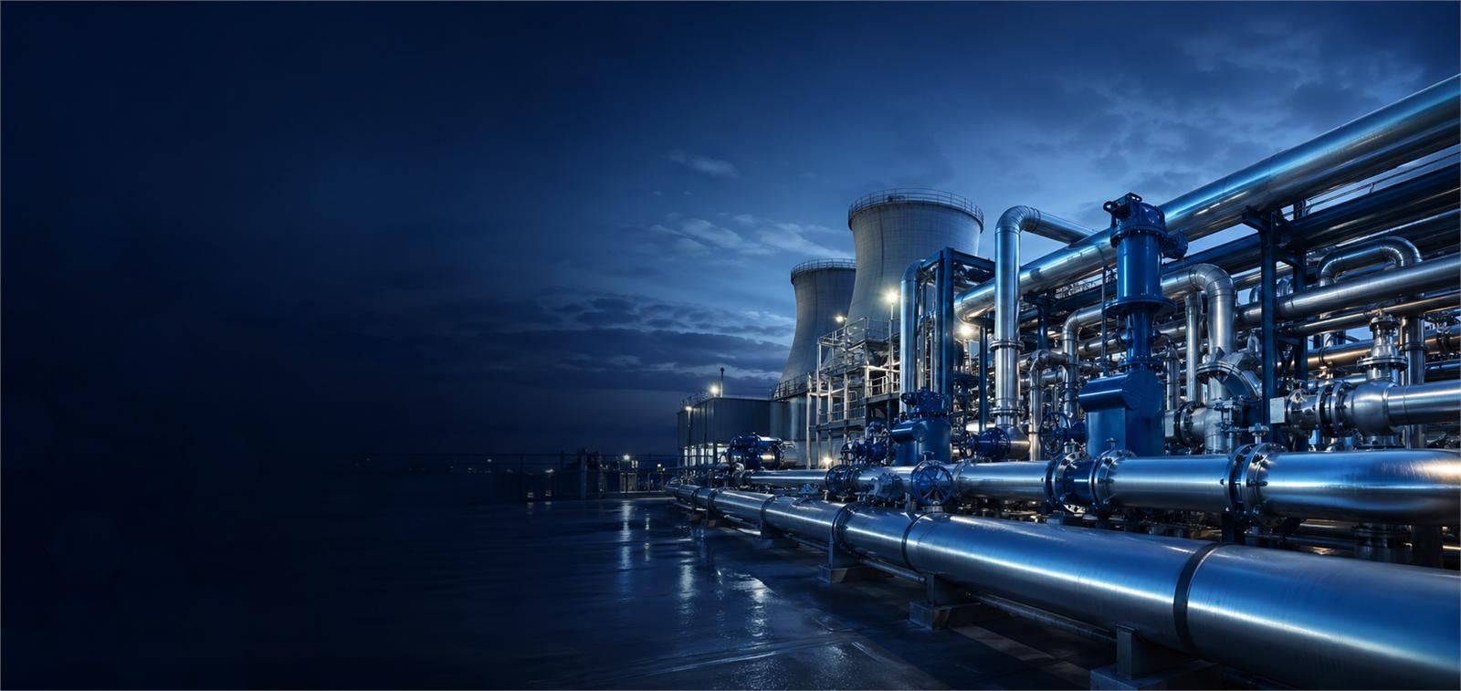 Planta industrial de tratamiento de agua con tuberías y equipos azules